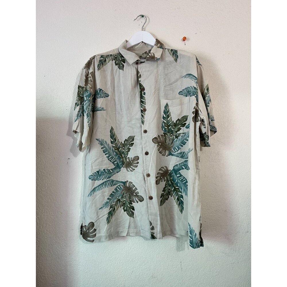 Island Shores Mens XL Washable Silk Tropical Print Button-Up Shirt Beige Casual
